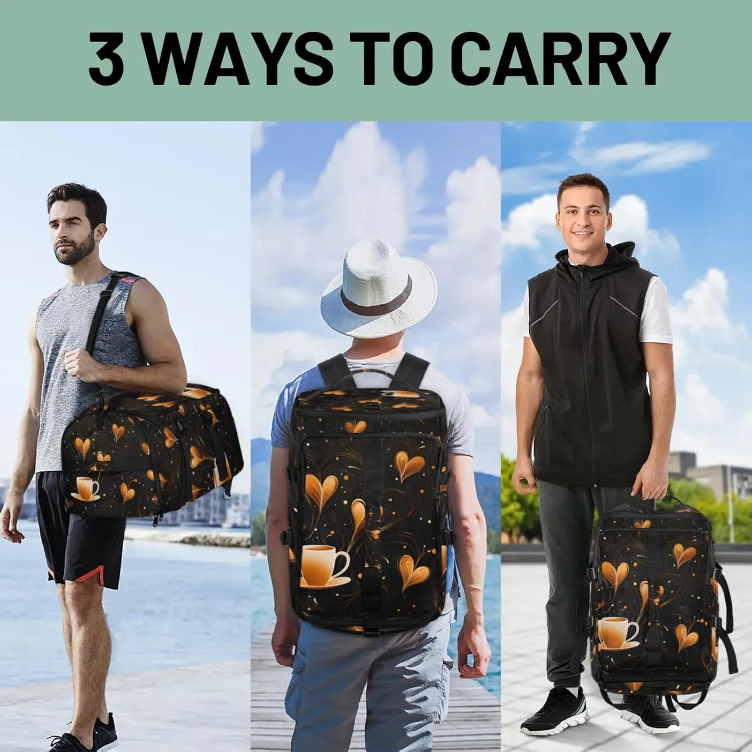 Tactical Sports Duffle Bag for Travel Waterproof Gym Bag with Shoe Compartment 48L Carry On Luggage for Men & Women 3-in-1 Durable Travel Luggage Funny Coffee Time