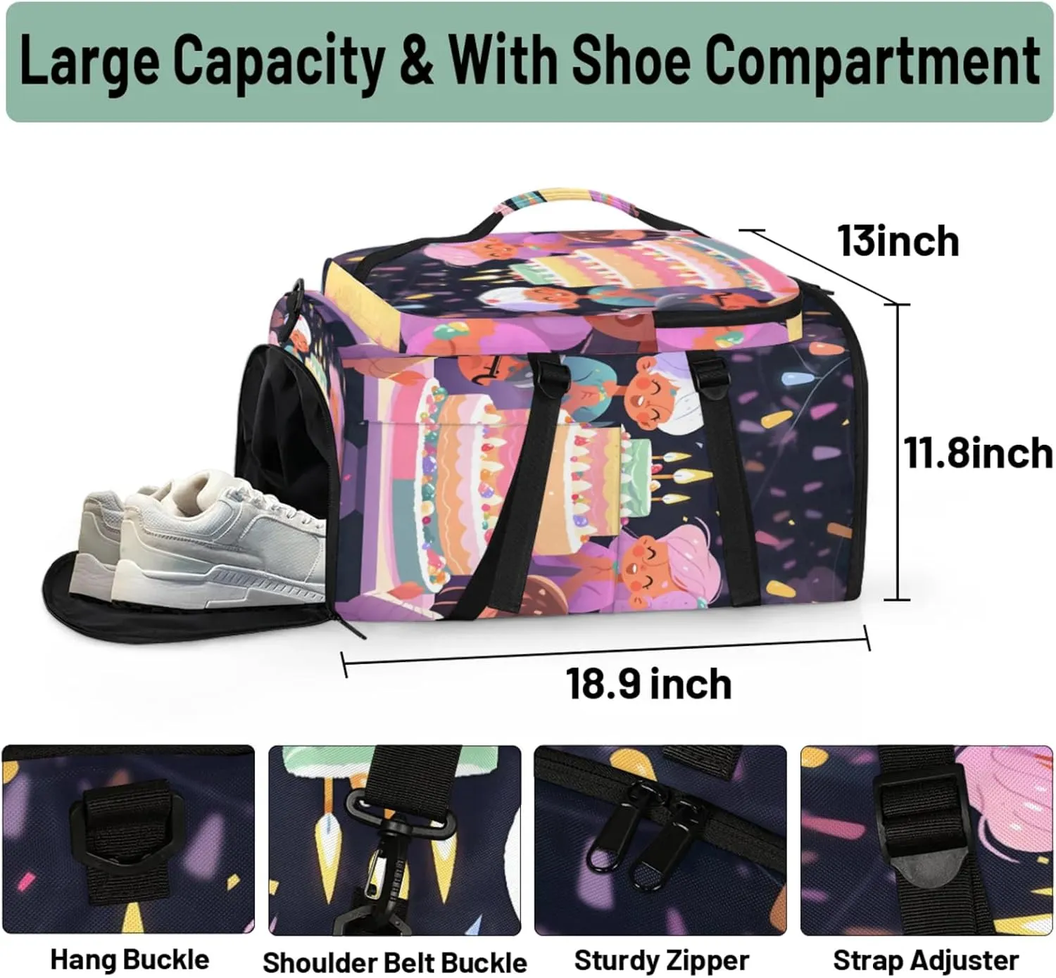 Tactical Sports Duffle Bag for Travel Waterproof Gym Bag with Shoe Compartment 48L Carry On Luggage for Men & Women 3-in-1 Durable Travel Luggage Happy Birthday Celebration
