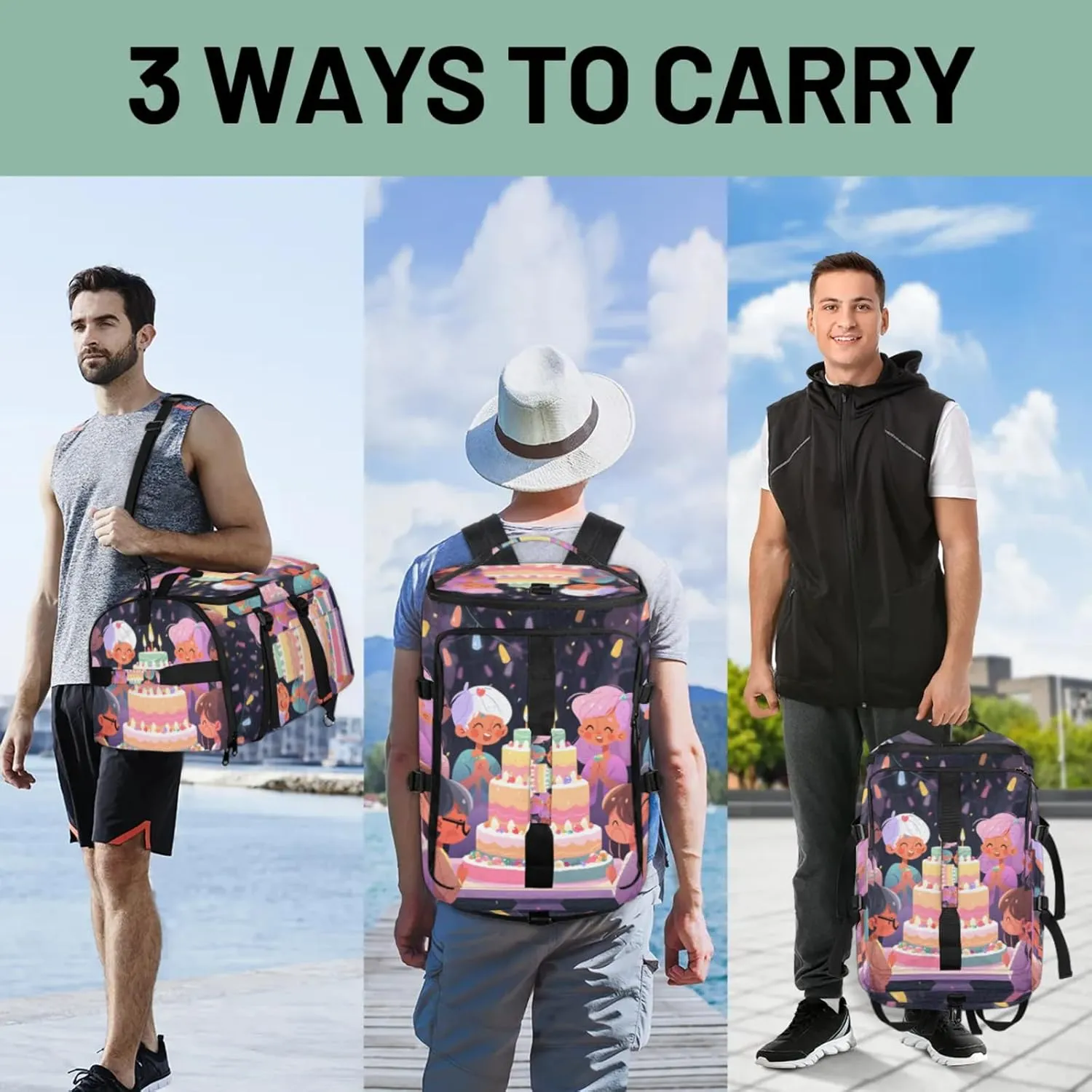 Tactical Sports Duffle Bag for Travel Waterproof Gym Bag with Shoe Compartment 48L Carry On Luggage for Men & Women 3-in-1 Durable Travel Luggage Happy Birthday Celebration