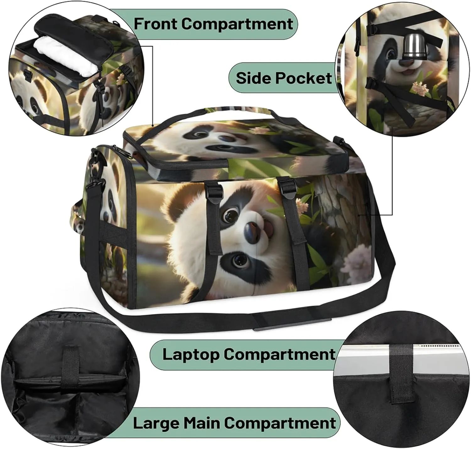 Tactical Sports Duffle Bag for Travel Waterproof Gym Bag with Shoe Compartment 48L Carry On Luggage for Men & Women 3-in-1 Durable Travel Luggage Panda Cute