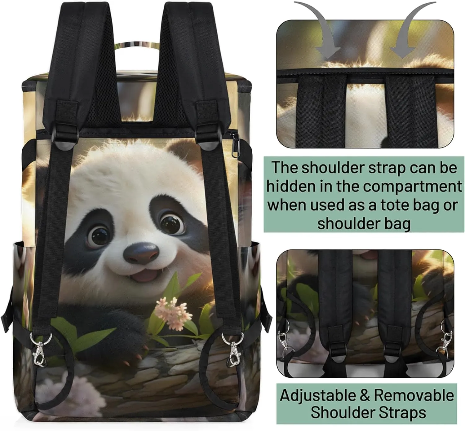 Tactical Sports Duffle Bag for Travel Waterproof Gym Bag with Shoe Compartment 48L Carry On Luggage for Men & Women 3-in-1 Durable Travel Luggage Panda Cute