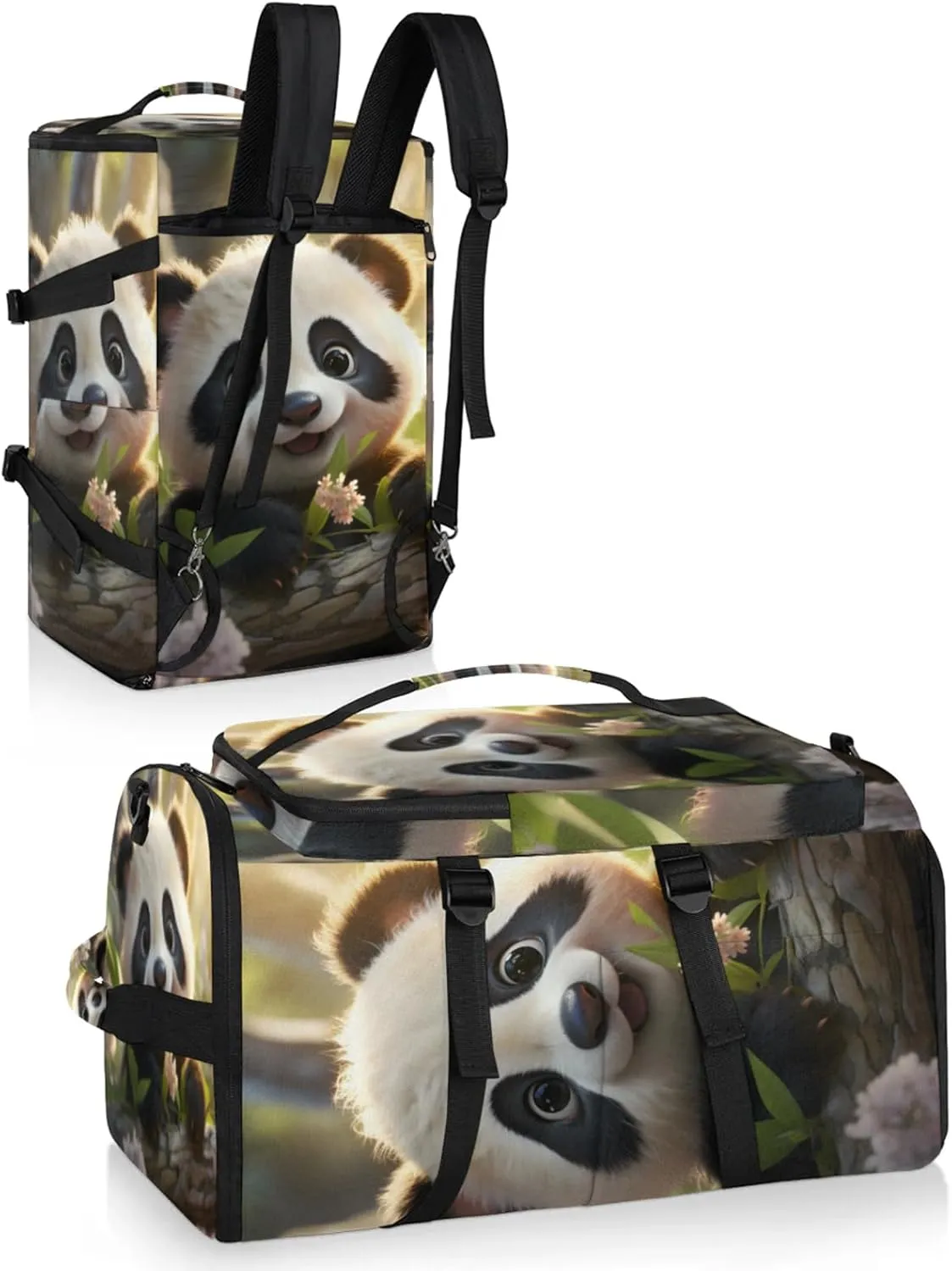 Tactical Sports Duffle Bag for Travel Waterproof Gym Bag with Shoe Compartment 48L Carry On Luggage for Men & Women 3-in-1 Durable Travel Luggage Panda Cute