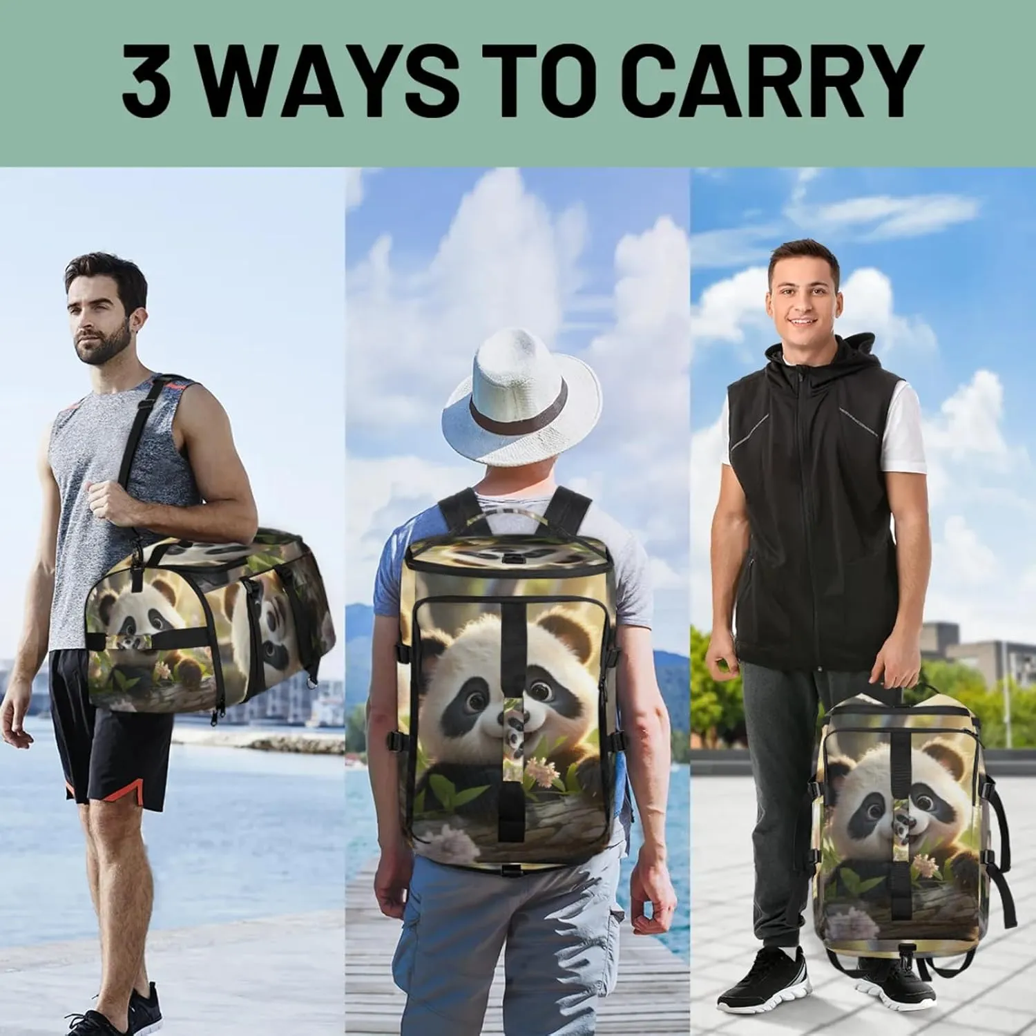Tactical Sports Duffle Bag for Travel Waterproof Gym Bag with Shoe Compartment 48L Carry On Luggage for Men & Women 3-in-1 Durable Travel Luggage Panda Cute