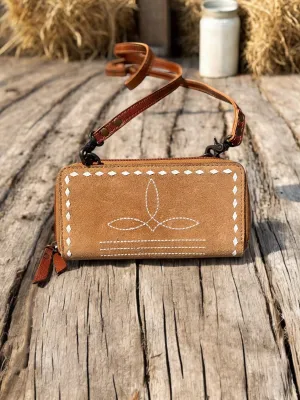 Tan BootStitch Suede Leather Crossbody Wallet