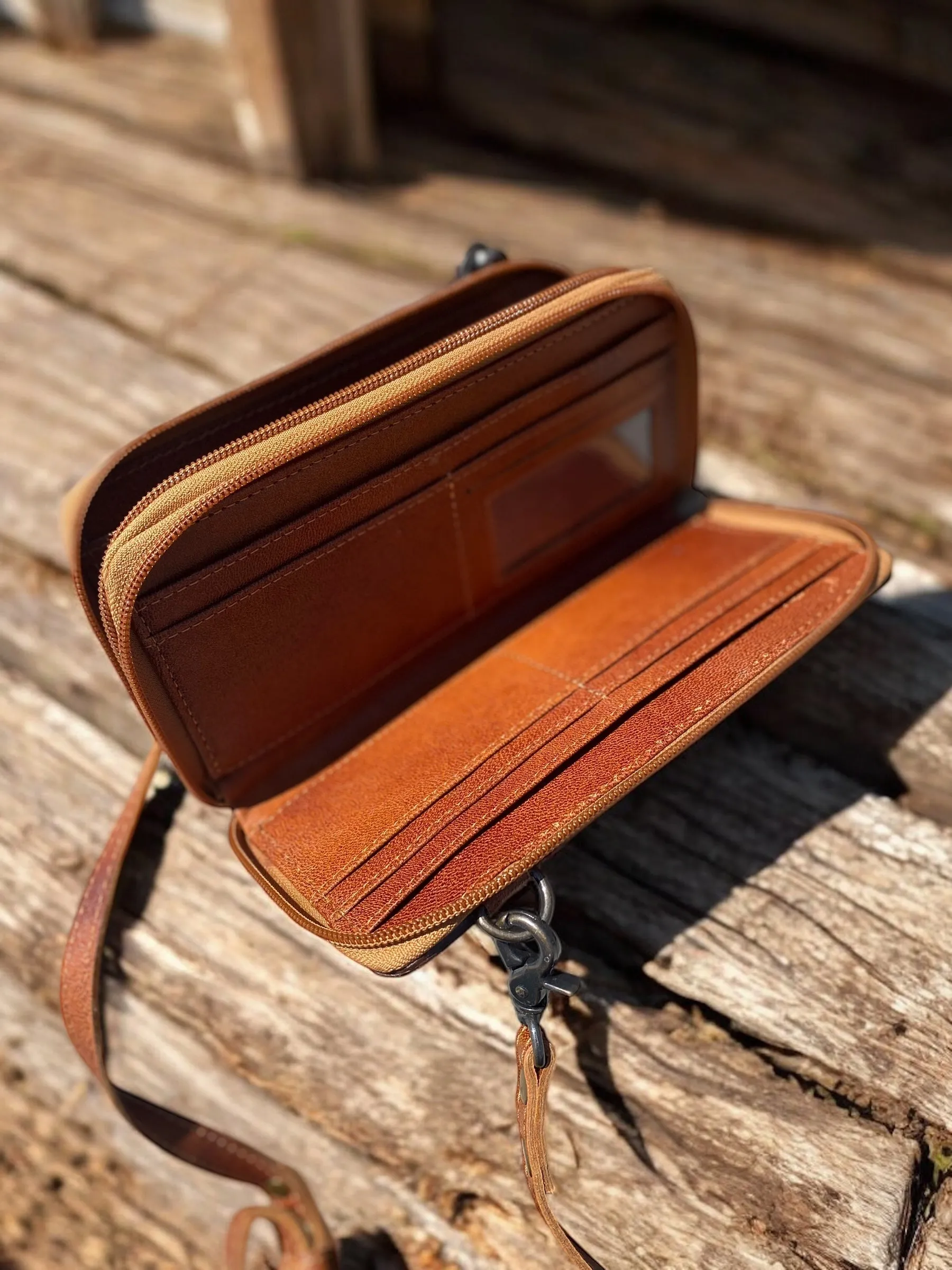 Tan BootStitch Suede Leather Crossbody Wallet