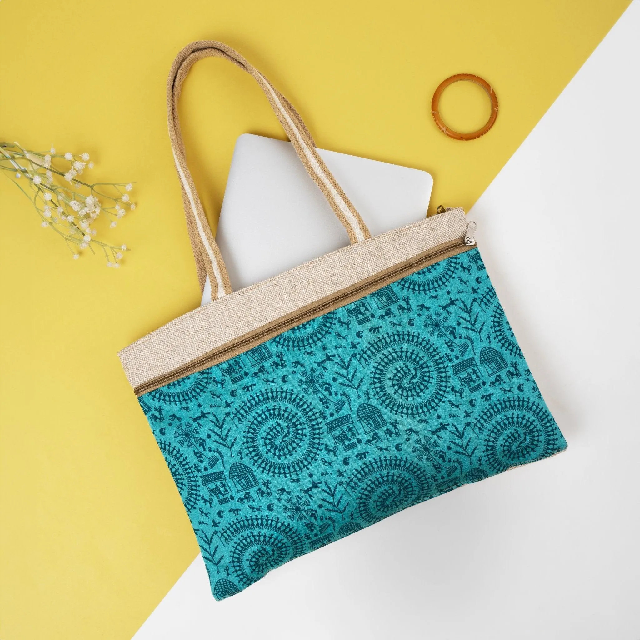 Teal Whimsy Jute Laptop Bag