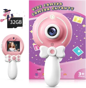 TEKFUN Kids Camera Toy for Girls - Birthday Gifts with Magic Wand Design - Digital Video Camera for Kids with 32GB SD Card - Easter Basket Essentials for Little Girl 2 3 4 5 6 Year Olds (Pink)