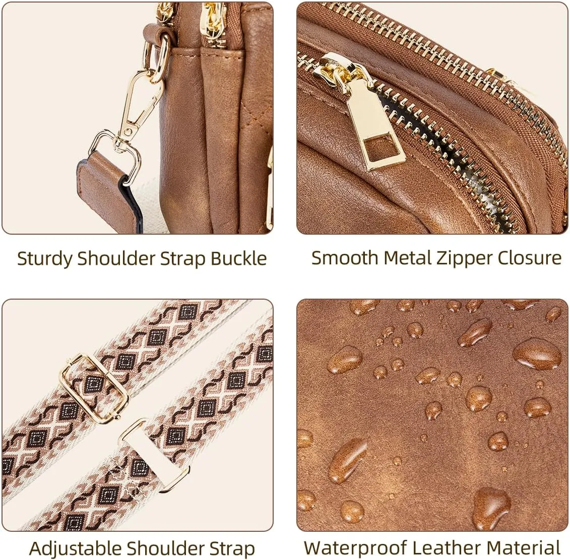 Telena Crossbody Bags for Women Small Crossbody Purses Quilted Vegan Leather with Guitar Strap Beige with Brown