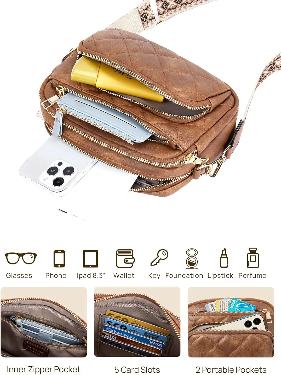 Telena Crossbody Bags for Women Small Crossbody Purses Quilted Vegan Leather with Guitar Strap Beige with Brown