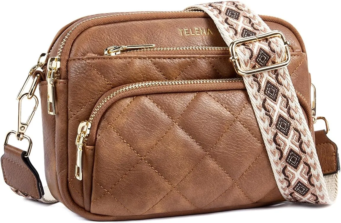 Telena Crossbody Bags for Women Small Crossbody Purses Quilted Vegan Leather with Guitar Strap Beige with Brown