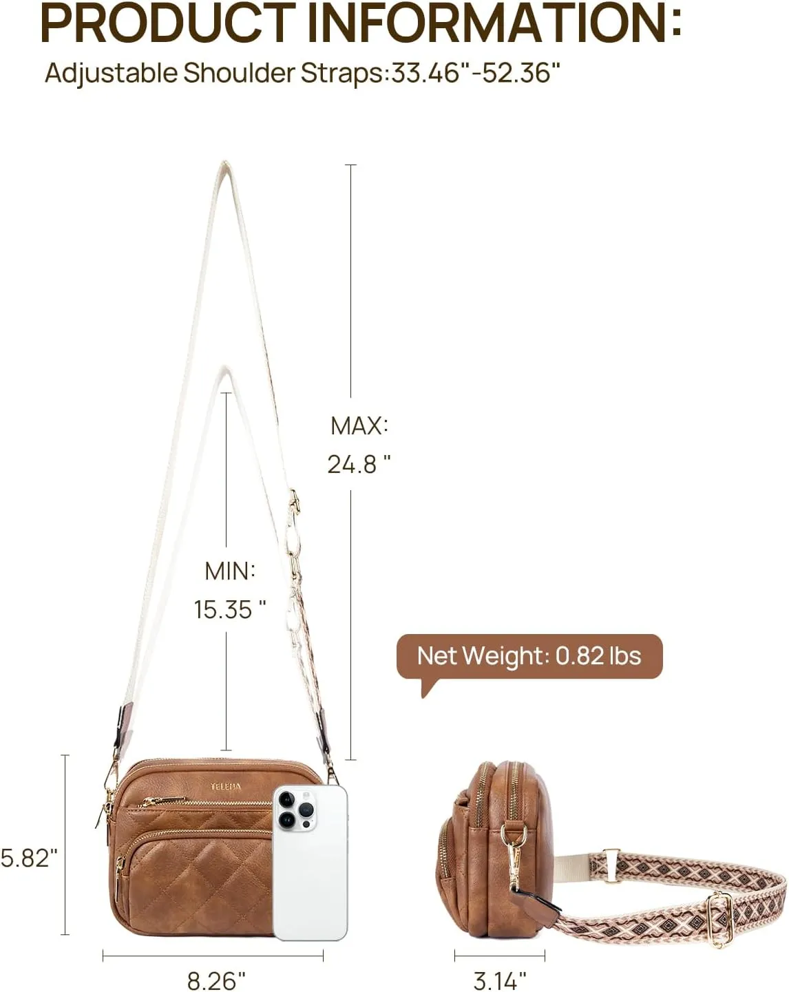 Telena Crossbody Bags for Women Small Crossbody Purses Quilted Vegan Leather with Guitar Strap Beige with Brown