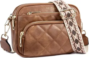 Telena Crossbody Bags for Women Small Crossbody Purses Quilted Vegan Leather with Guitar Strap Beige with Brown