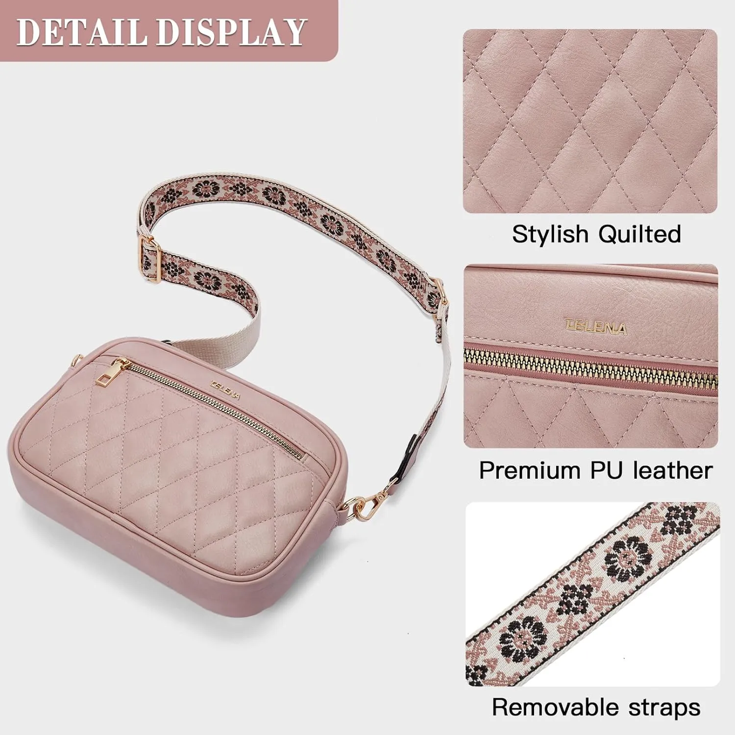 Telena Crossbody bags for Women Trendy Quilted Crossbody Bag Faux Leather Purse with Wide Strap