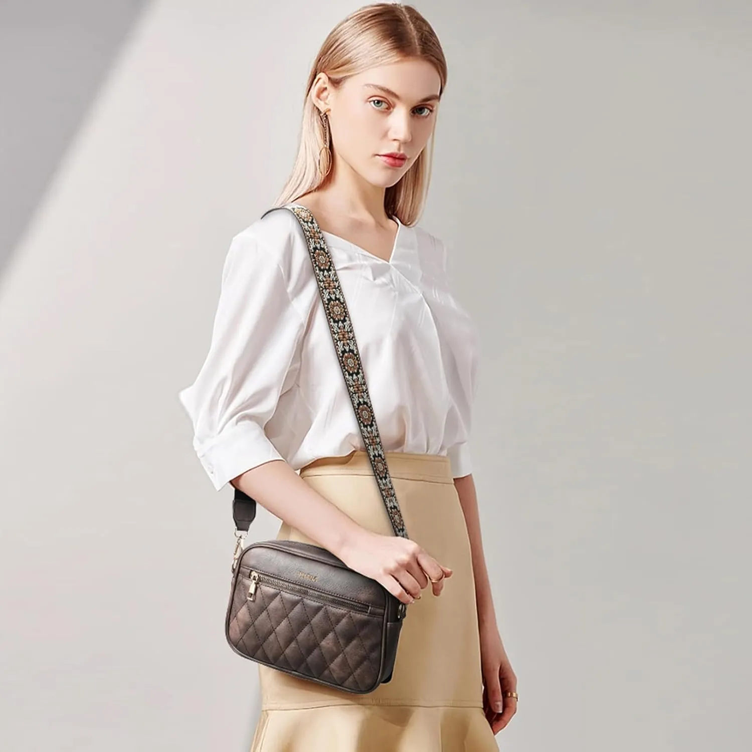 Telena Crossbody bags for Women Trendy Quilted Crossbody Bag Faux Leather Purse with Wide Strap