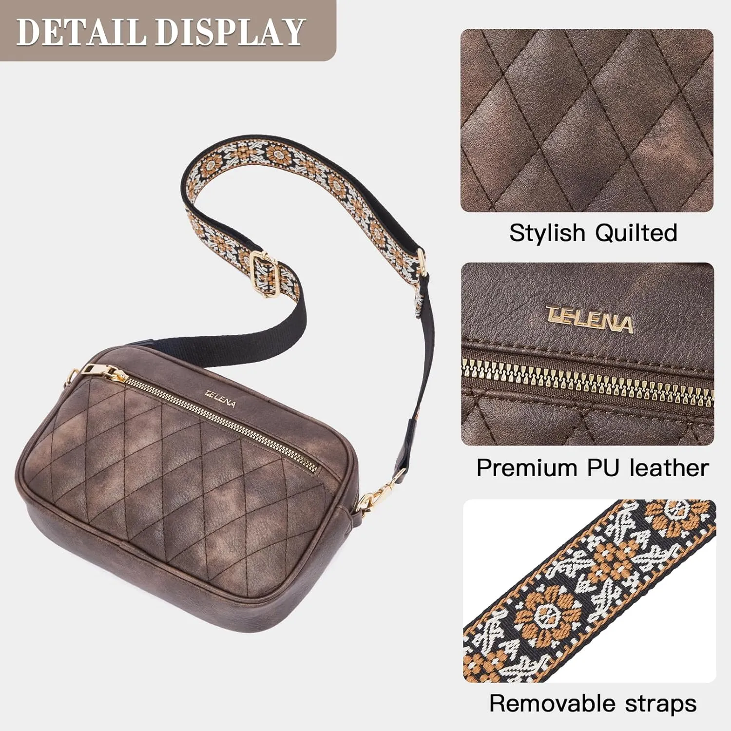 Telena Crossbody bags for Women Trendy Quilted Crossbody Bag Faux Leather Purse with Wide Strap