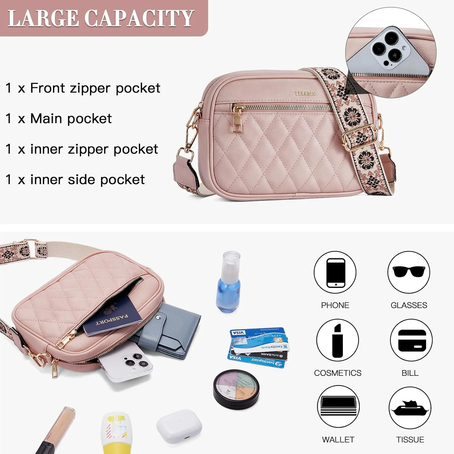 Telena Crossbody bags for Women Trendy Quilted Crossbody Bag Faux Leather Purse with Wide Strap