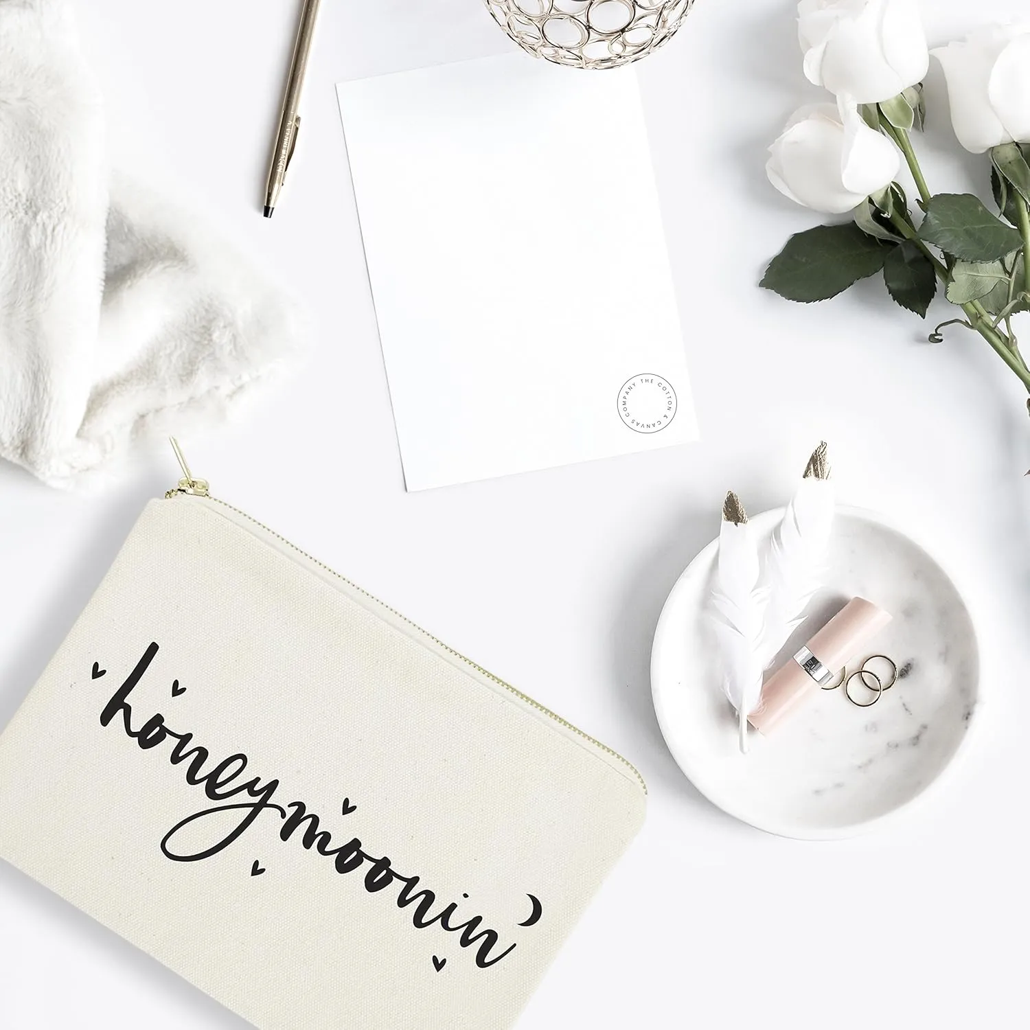 The Cotton & Canvas Co. Honeymoonin' Wedding Cosmetic Bag, Bridal Party Gift and Travel Make Up Pouch