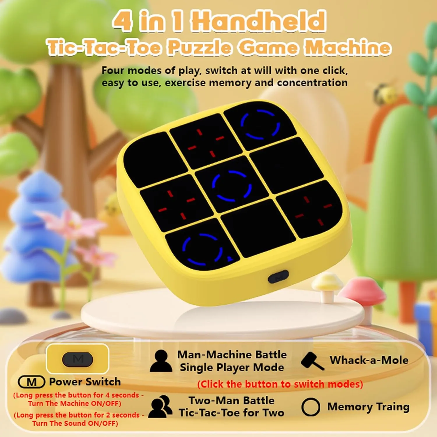 Tic Tac Toe Game, 4-in-1 Electronic Tic Tac Toe Bolt Game with Mute Function, Handheld Puzzle Game Console Toys for Educational, Portable Travel Games, Board Games Gifts for Kids and Adults (Yellow)