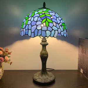 Tiffany Style Stained Glass Green Leaves Table Lamp Vintage Blue Wisteria Flower Desk Lamp Bedroom Bedside Decoration Lamp, Study Room Reading Lamp, 12 Inch,Blue