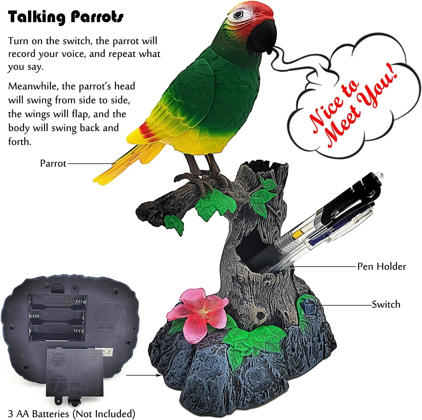 Tipmant Realistic Eelectric Birds Talking Parrots Electronic Pets Office Home Wall Desk Table Decoration Repeat What You Say Kids Toys Birthday Gifts (Green)