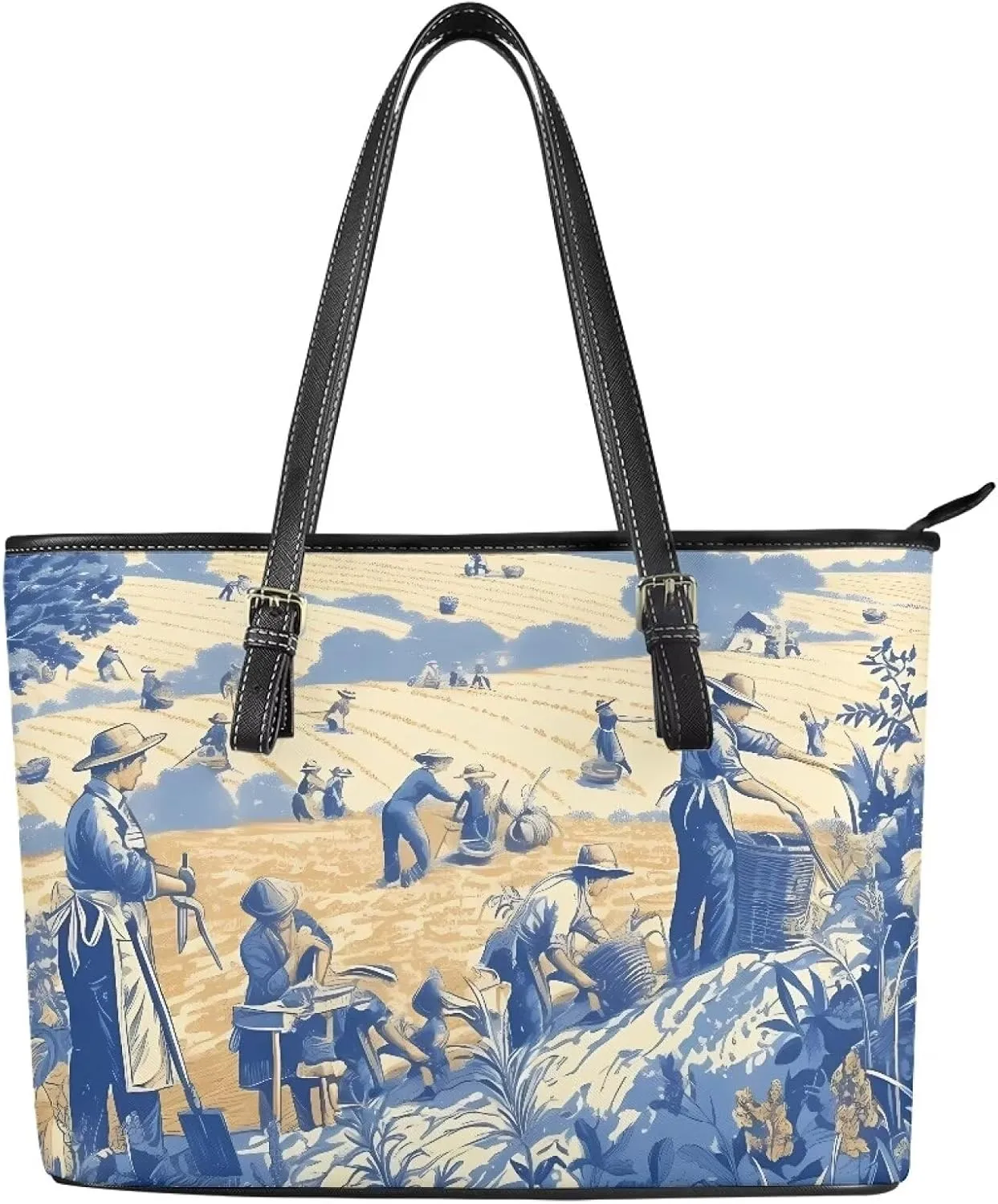 Tote Bag for Women PU Leather Folk Floral Top Handle Satchel Bags Zipper, Mexican Ethnic Large Handbag Shoulder Bag