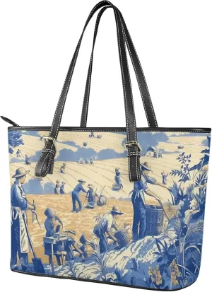 Tote Bag for Women PU Leather Folk Floral Top Handle Satchel Bags Zipper, Mexican Ethnic Large Handbag Shoulder Bag