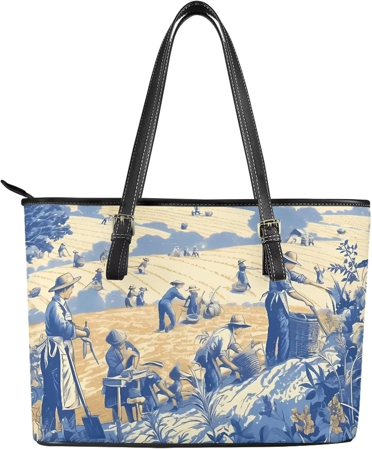 Tote Bag for Women PU Leather Folk Floral Top Handle Satchel Bags Zipper, Mexican Ethnic Large Handbag Shoulder Bag