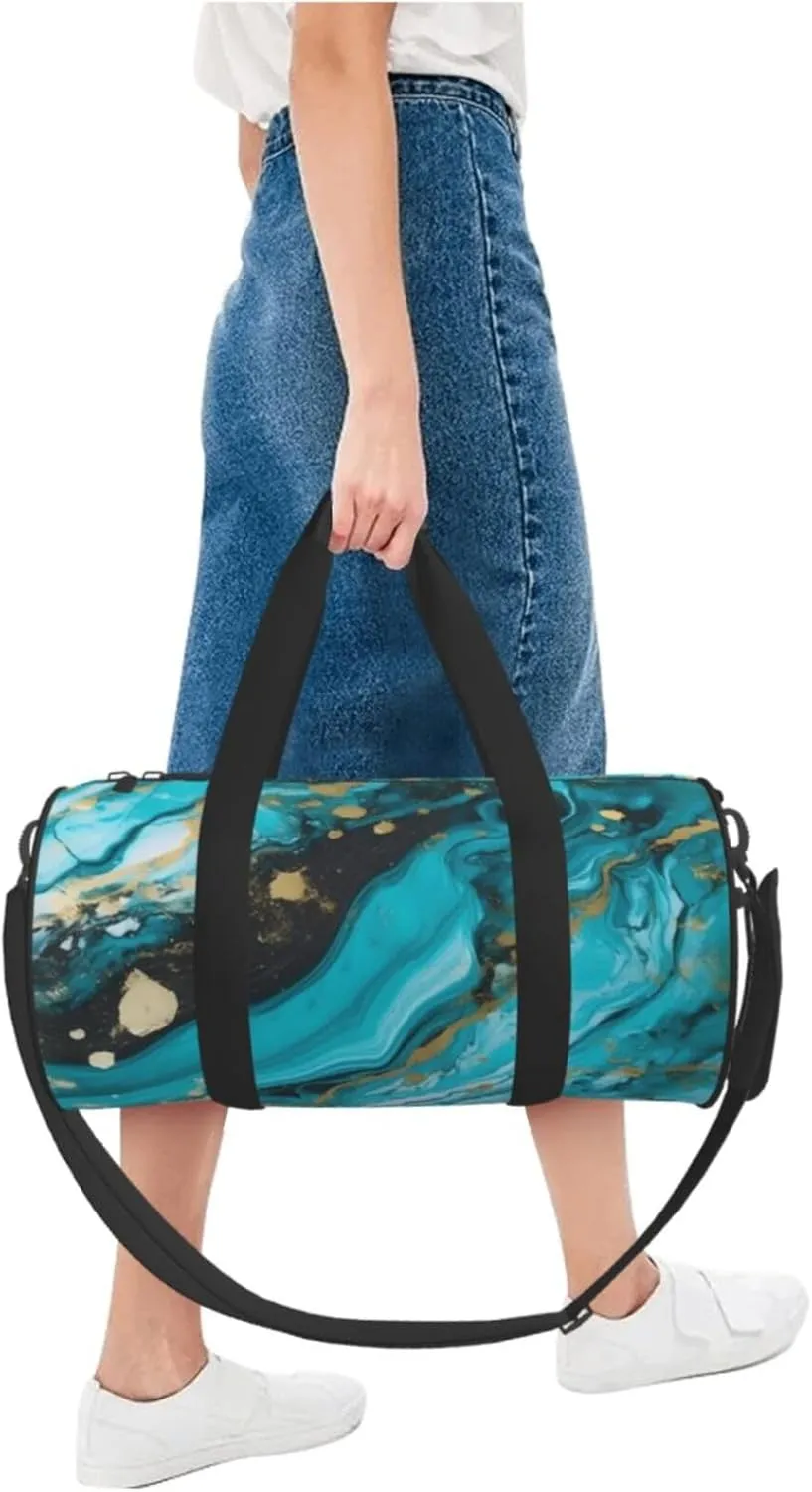 Travel Bag For Women,Turquoise Blue Gold Marble Print Personal Item Duffle Bags,Weekend Travel Duffel Tote Bag,Travel Sport Gym Bag For Men,Airplane Travel Essentials For Flying