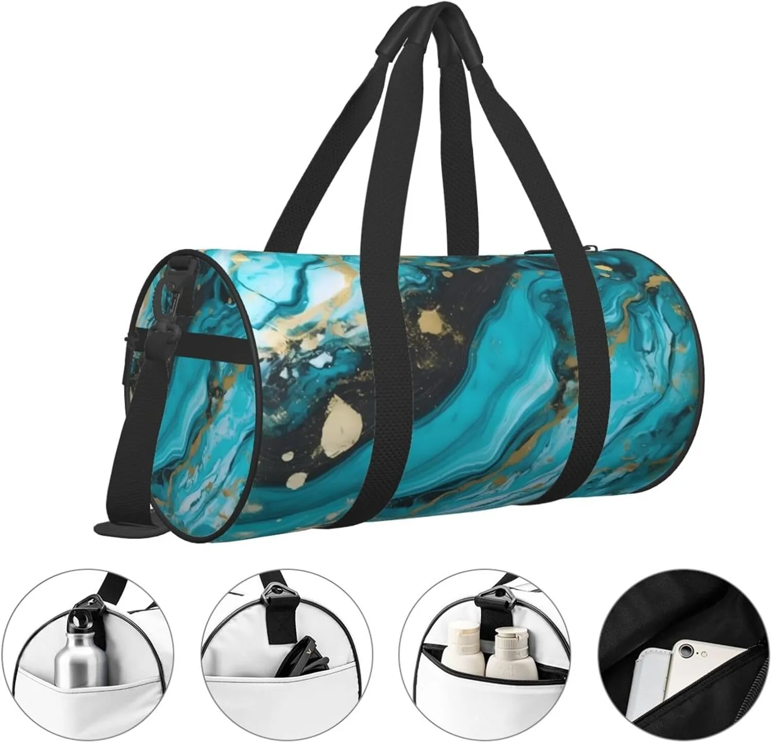 Travel Bag For Women,Turquoise Blue Gold Marble Print Personal Item Duffle Bags,Weekend Travel Duffel Tote Bag,Travel Sport Gym Bag For Men,Airplane Travel Essentials For Flying