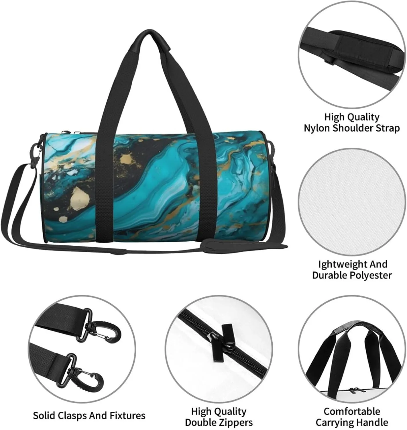 Travel Bag For Women,Turquoise Blue Gold Marble Print Personal Item Duffle Bags,Weekend Travel Duffel Tote Bag,Travel Sport Gym Bag For Men,Airplane Travel Essentials For Flying