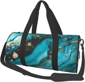 Travel Bag For Women,Turquoise Blue Gold Marble Print Personal Item Duffle Bags,Weekend Travel Duffel Tote Bag,Travel Sport Gym Bag For Men,Airplane Travel Essentials For Flying