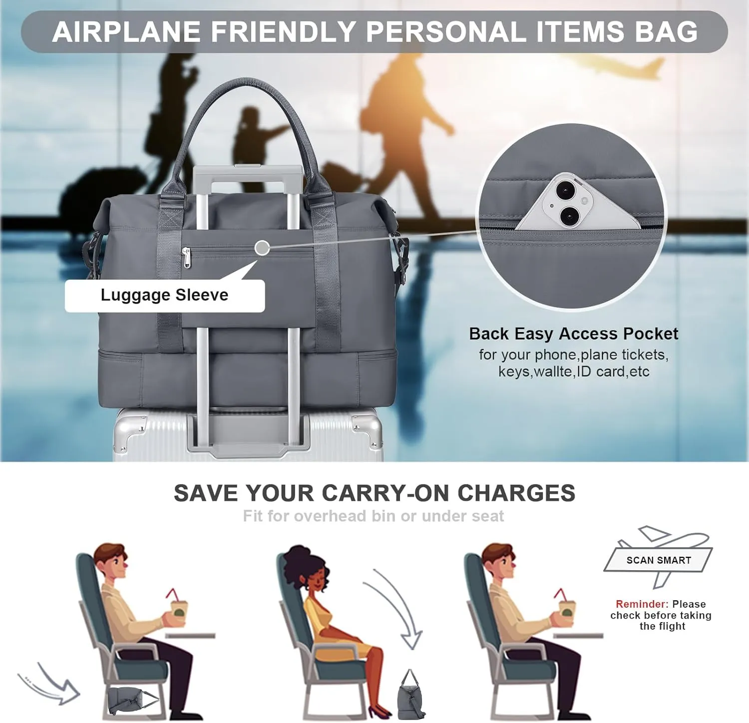 Travel Bag with Shoes Compartment,Weekender Bags for Women Travel,Carry On Duffel Overnight Bag with Trolley Sleeve & Wet Pocket,Travel tote Bag Sports Gym Bag