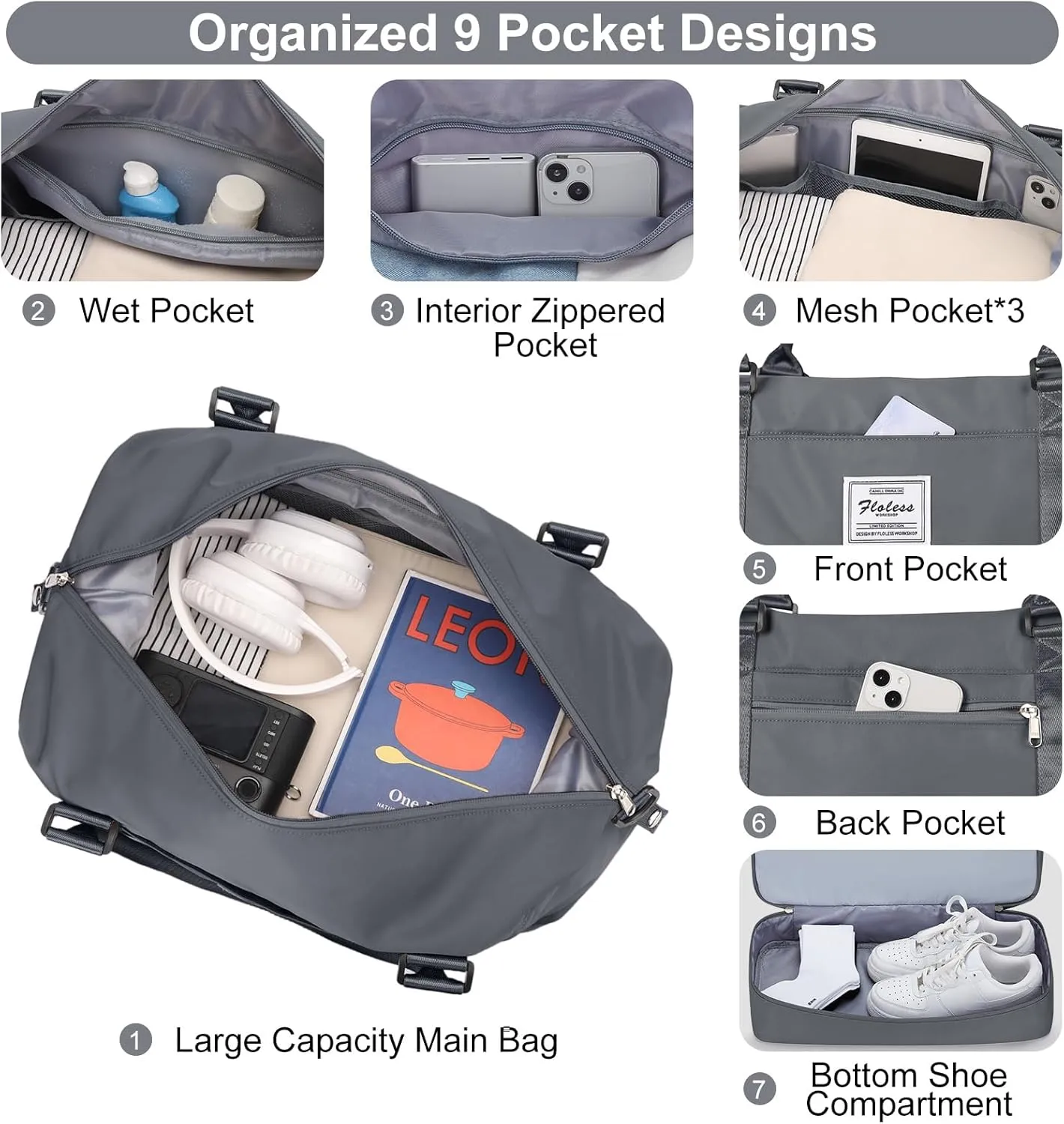 Travel Bag with Shoes Compartment,Weekender Bags for Women Travel,Carry On Duffel Overnight Bag with Trolley Sleeve & Wet Pocket,Travel tote Bag Sports Gym Bag