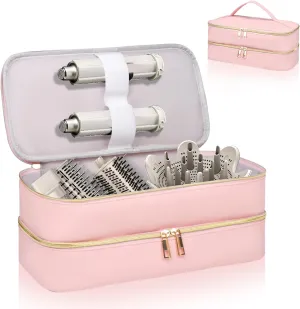 Travel Carrying Case for Shark Flex Style, Double Layer Storage Case for Shark SpeedStyle Hair Dryer Attachments, Waterproof PU Leather Organizer Bag for Shark Flexstyle Airwrap Styler (Pink)