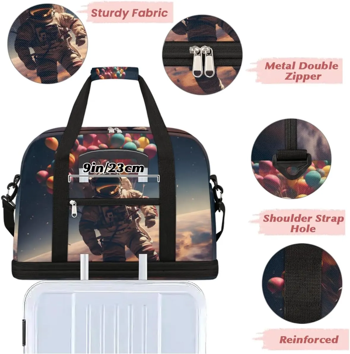 Travel Duffel Bag Astronaut Space Weekender Bag with Shoe Compartment Foldable Overnight Bags for Travel Sports Lightweight Gym Bags for Men Women