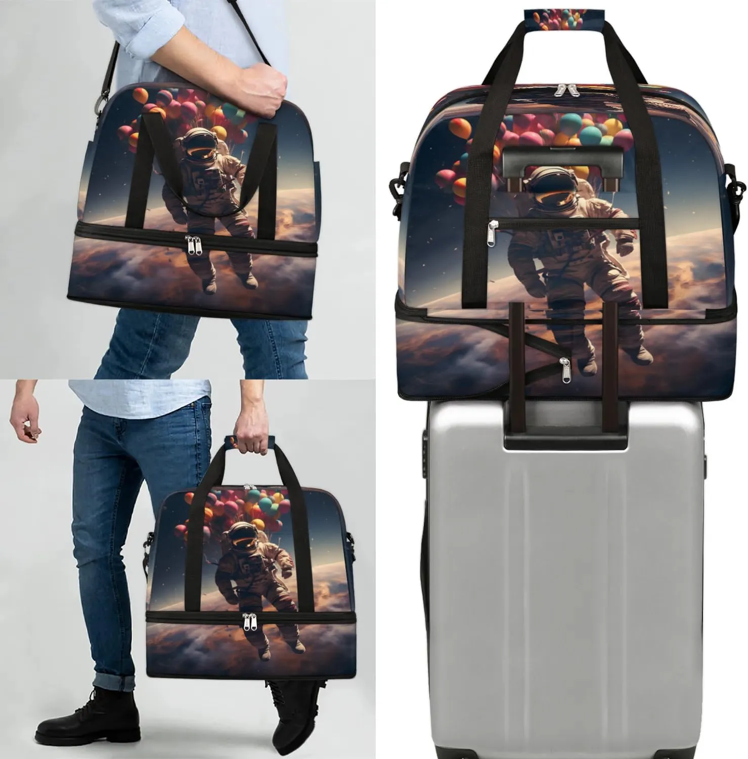 Travel Duffel Bag Astronaut Space Weekender Bag with Shoe Compartment Foldable Overnight Bags for Travel Sports Lightweight Gym Bags for Men Women