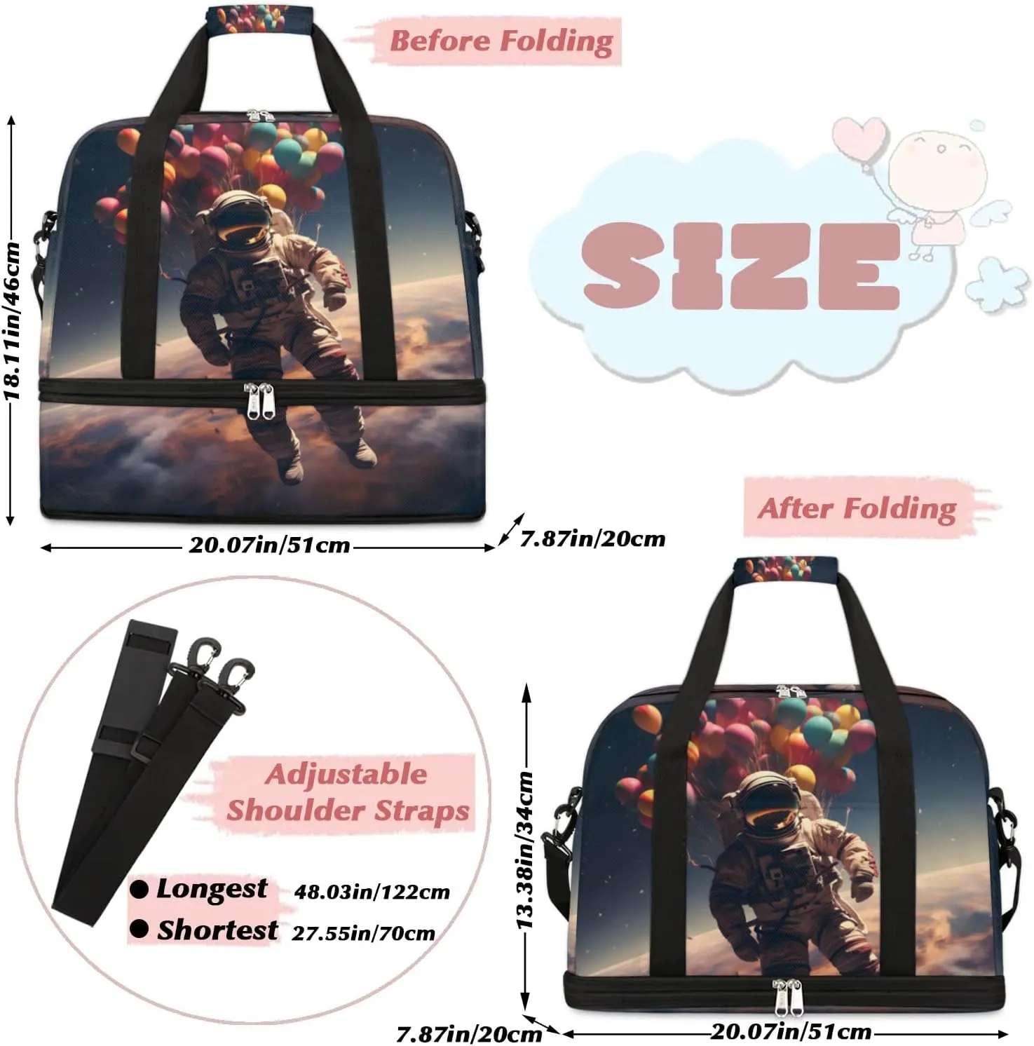 Travel Duffel Bag Astronaut Space Weekender Bag with Shoe Compartment Foldable Overnight Bags for Travel Sports Lightweight Gym Bags for Men Women