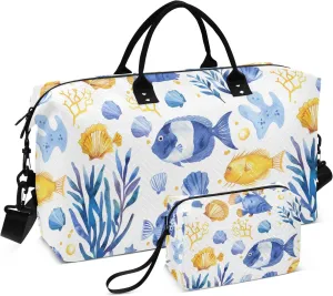 Travel Duffle Bag Gym Bag, Seaweeds Fish Seashells Weekender Bags for Women with Toiletry Bag Travel Tote Bag Swim Bag