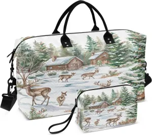 Travel Duffle Bag Gym Bag, Snowy Village Scene Deer Weekender Bags for Women with Toiletry Bag Travel Tote Bag Swim Bag
