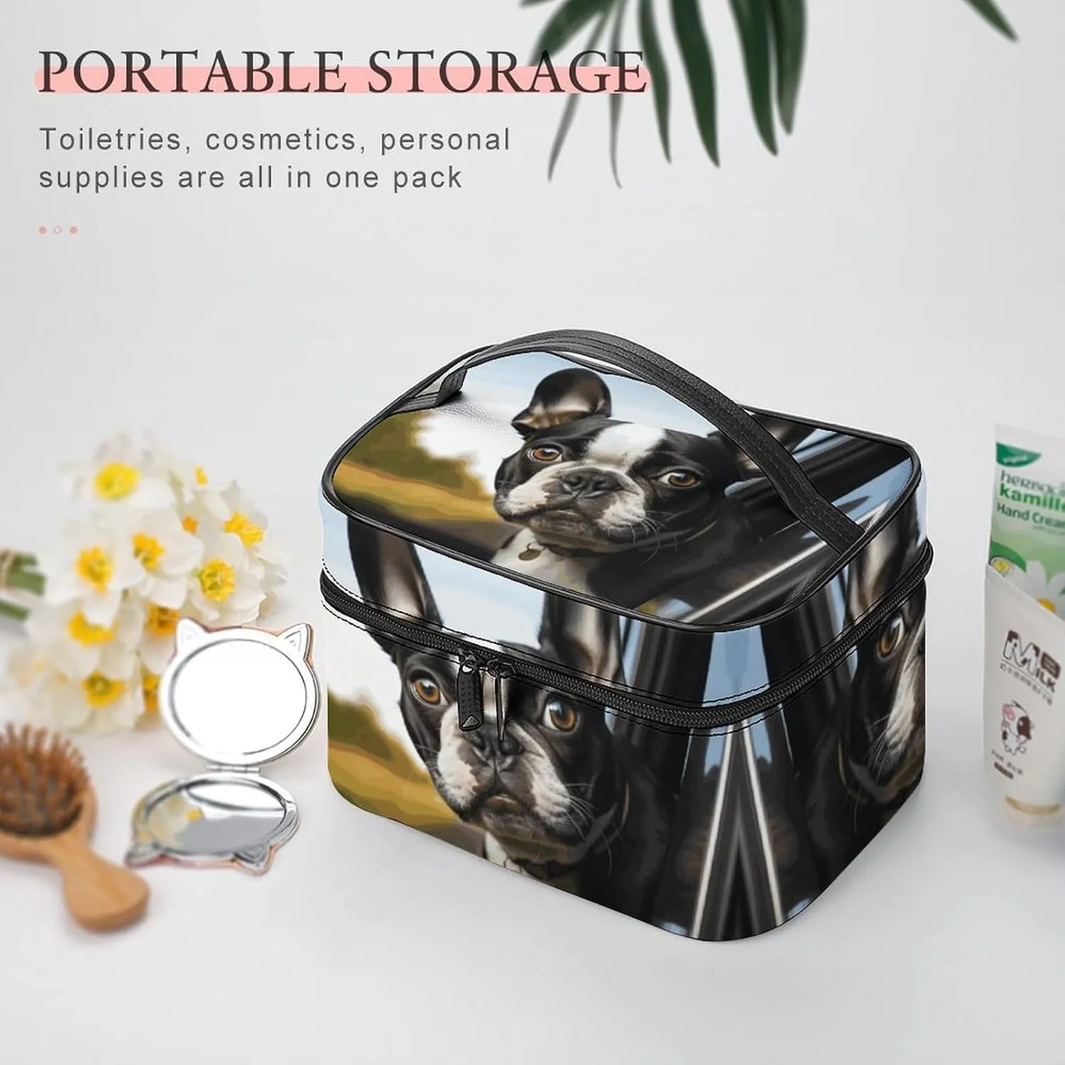 Travel Toiletry Bag for Women And Men,Puppy Dog Boston Terrier Toiletry Organizer, Makeup Bag Travel Organizer for Shampoo,Toiletries
