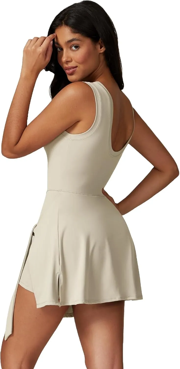 Two-in-One Mock Layered Sports Dress Workout Rompers Mini Tennis Dress Breathable Activewear