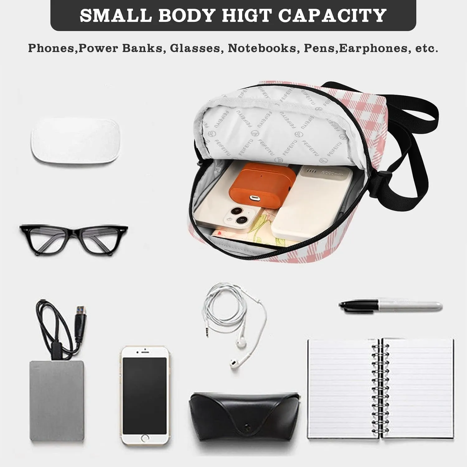 Unisex Crossbody Bag, Check Plaid Pattern Brown Orange Durable Sling Side Shoulder bags for men women, One Size