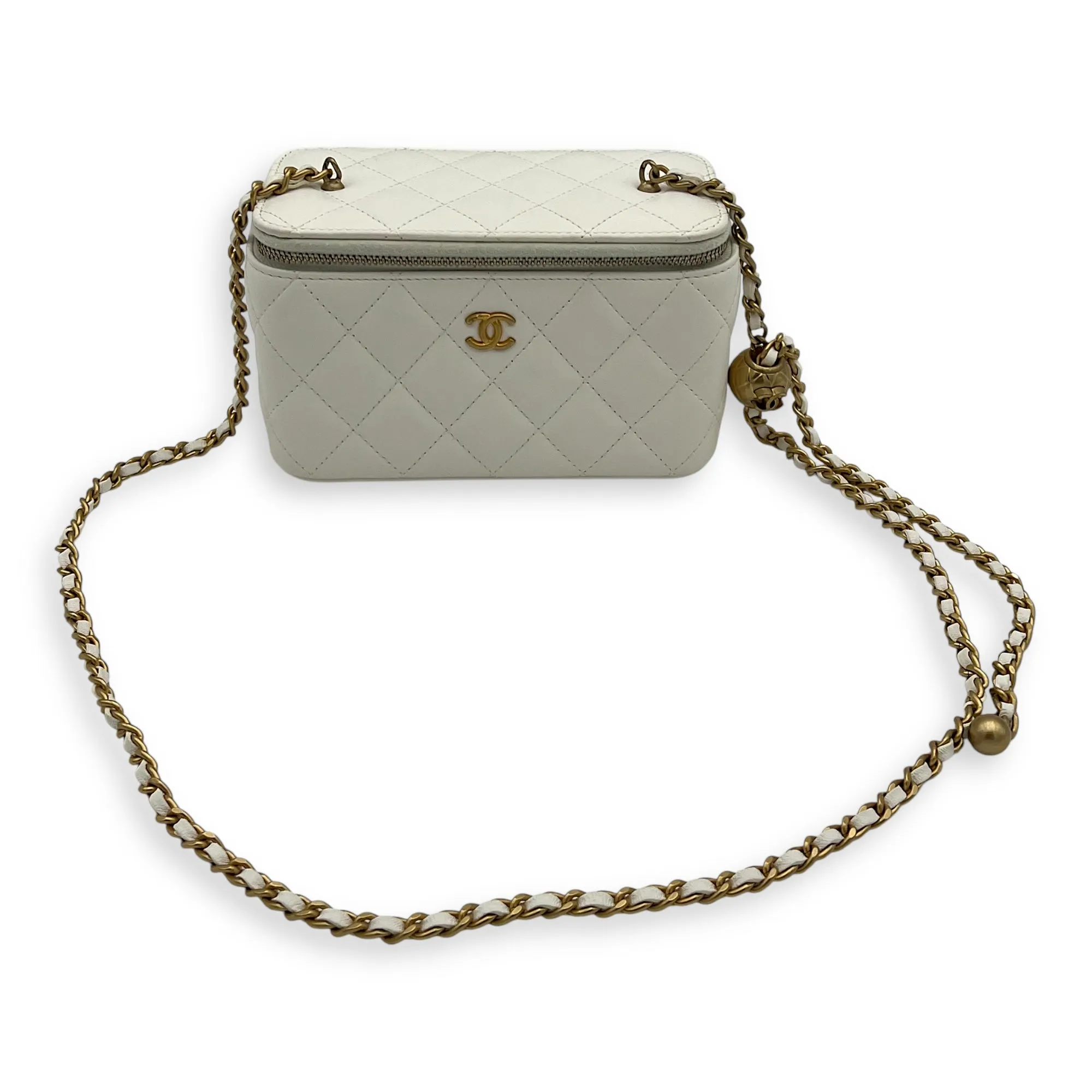 Vanity pearl crush Crossbody Bag White in Calfskin, Gold hardware