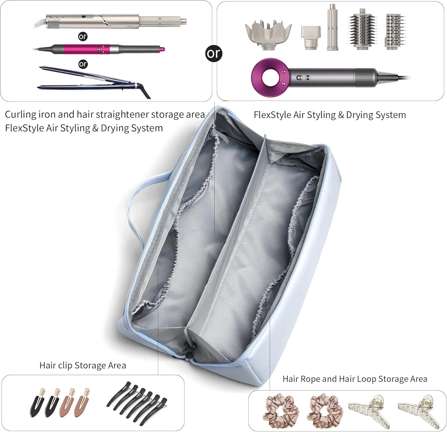 Veki Travel Storage Case for Dyson Airwrap Styler, Large Opening Travel Storage Bag Compatible for Shark Flexstyle Air Styling & Drying System, Portable Carrying Organizer for Hair Curler (Blue)