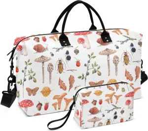 VIGTRO Travel Duffel Bag Weekender Overnight Bag with Toiletry Bag Autumn Mushrooms Berries Snail Printed, Carry On Luggage Bag for Hospital Gym Travel Business, 2 Pcs Set
