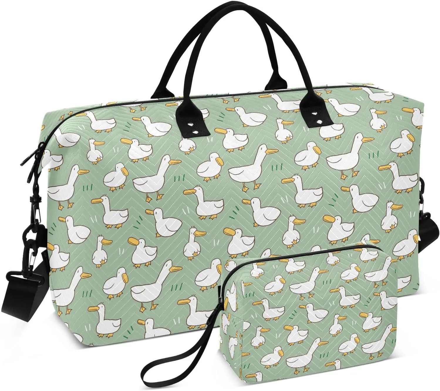 VIGTRO Travel Duffel Bag Weekender Overnight Bag with Toiletry Bag Cartoon White Geese Printed, Carry On Luggage Bag Duck Pattern for Hospital Gym Travel Business, 2 Pcs Set