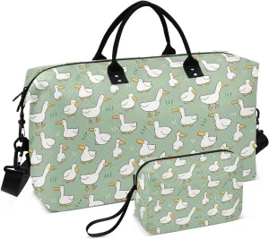 VIGTRO Travel Duffel Bag Weekender Overnight Bag with Toiletry Bag Cartoon White Geese Printed, Carry On Luggage Bag Duck Pattern for Hospital Gym Travel Business, 2 Pcs Set