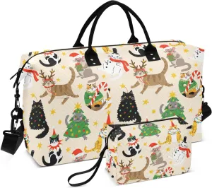 VIGTRO Travel Duffel Bag Weekender Overnight Bag with Toiletry Bag Cute Cartoon Fat Cats Christmas Printed, Carry On Luggage Bag for Hospital Gym Travel Business, 2 Pcs Set