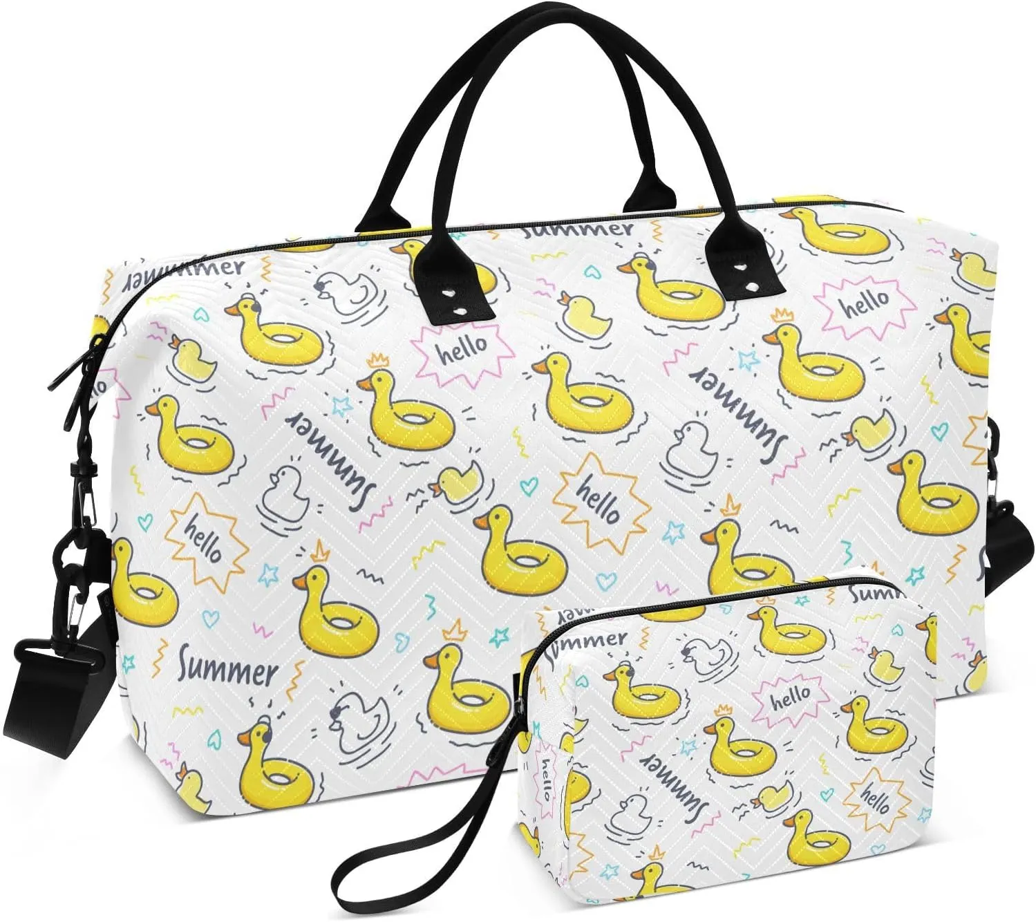 VIGTRO Travel Duffel Bag Weekender Overnight Bag with Toiletry Bag Duck Swimming Ring Printed, Carry On Luggage Bag Cute for Hospital Gym Travel Business, 2 Pcs Set