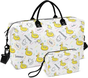 VIGTRO Travel Duffel Bag Weekender Overnight Bag with Toiletry Bag Duck Swimming Ring Printed, Carry On Luggage Bag Cute for Hospital Gym Travel Business, 2 Pcs Set